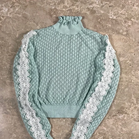 Zara Sheer Mint Green Turtleneck with Lace trim on Sleeves Size Small - Picture 1 of 7